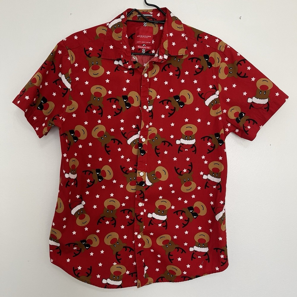 Christmas Reindeer Button Up Short Sleeve Shirt Mens M Holidays Rudolph